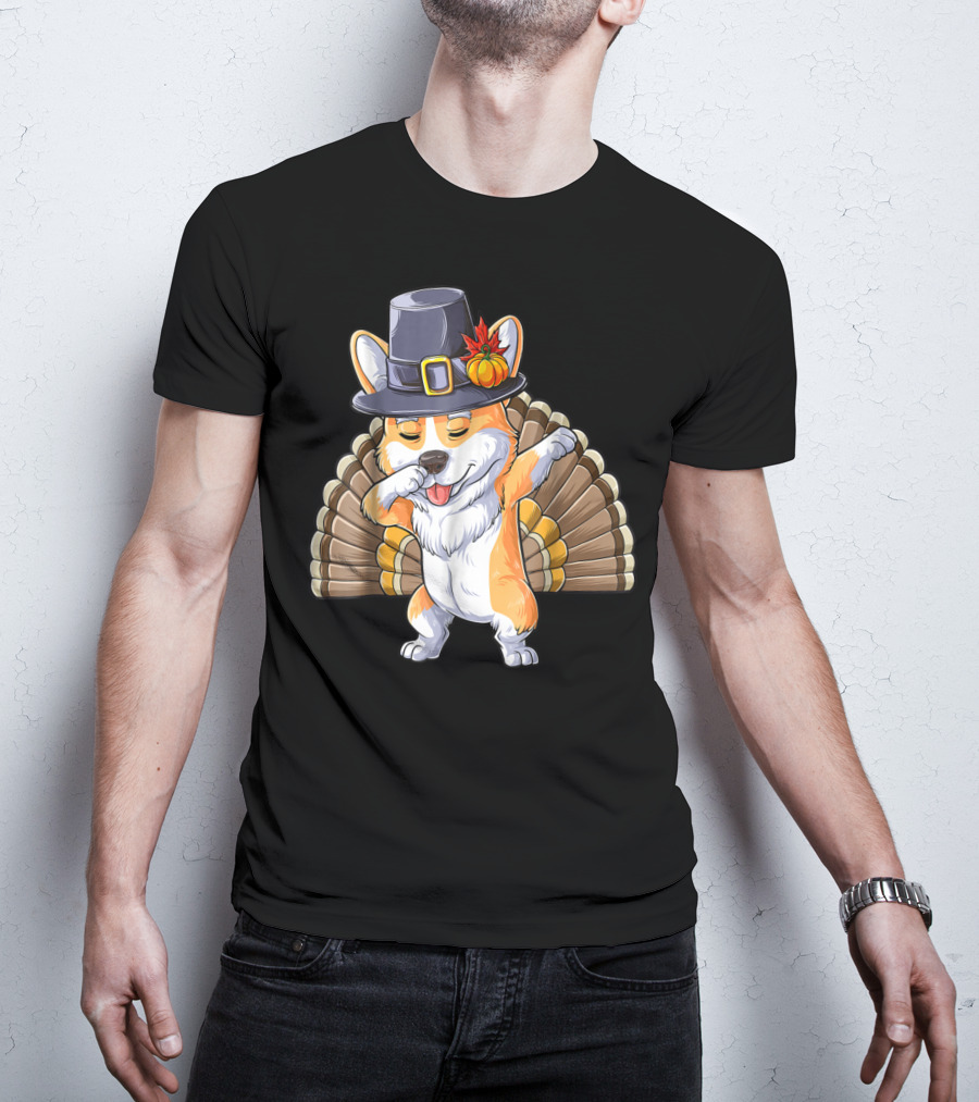 Thanksgiving Pilgrim Corgi Dabbing With Turkey Feathers T-Shirt