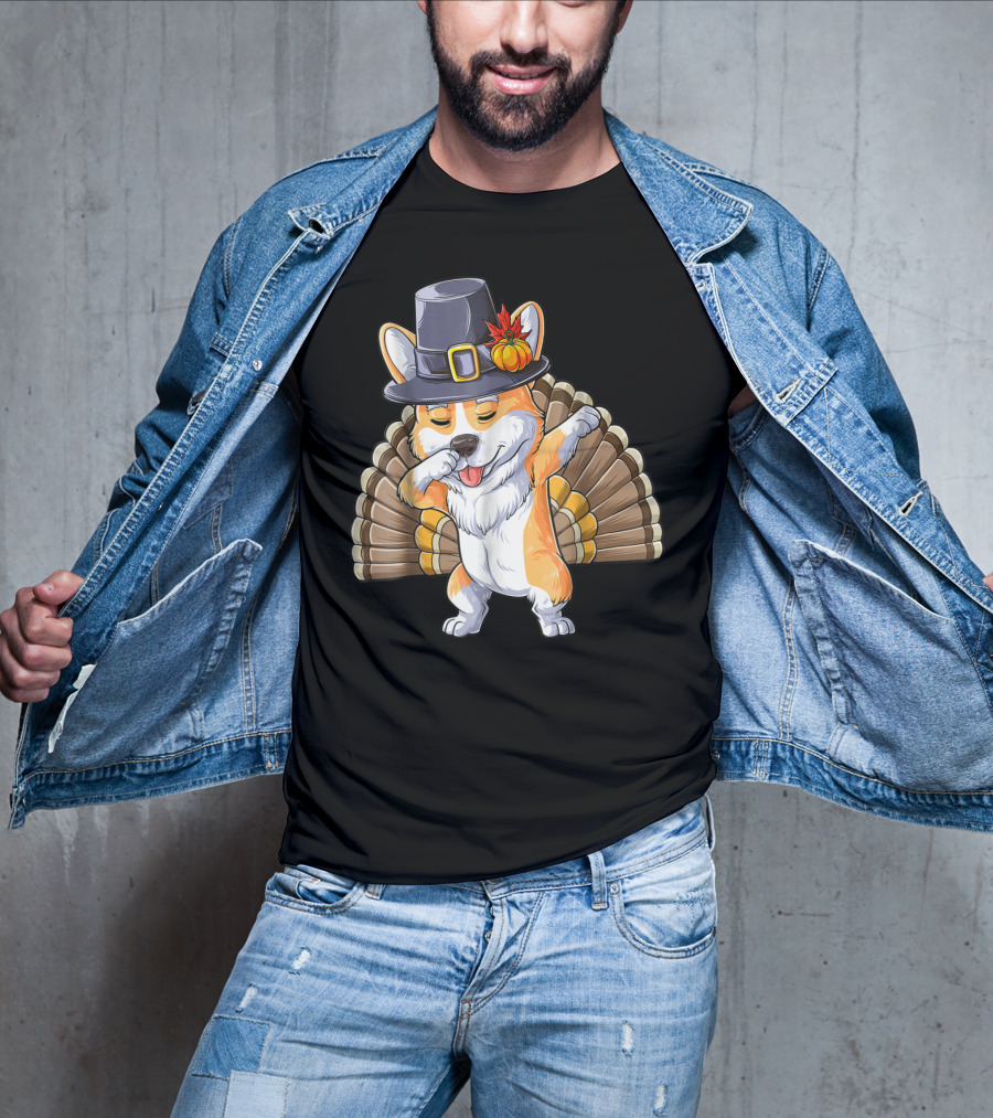 Thanksgiving Pilgrim Corgi Dabbing With Turkey Feathers T-Shirt