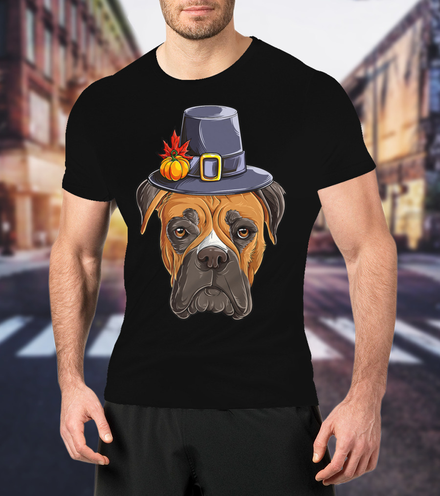 Thanksgiving Boxer Dog Pilgrim Hat Pumpkin Leaf T-Shirt
