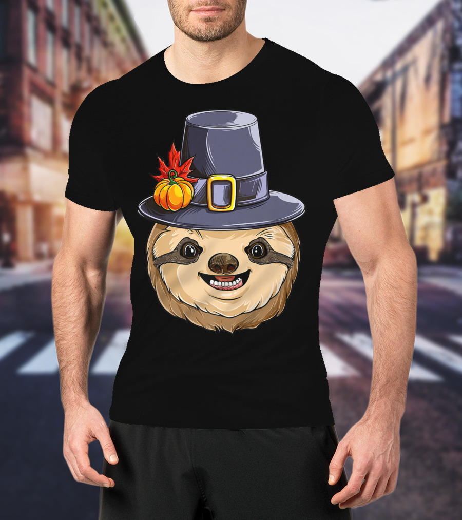 Thanksgiving Sloth With Pilgrim Hat Pumpkin And Autumn Leaves T-Shirt
