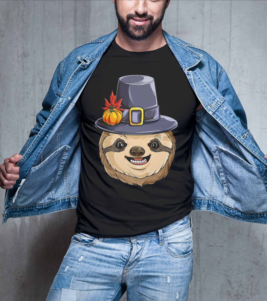 Thanksgiving Sloth With Pilgrim Hat Pumpkin And Autumn Leaves T-Shirt