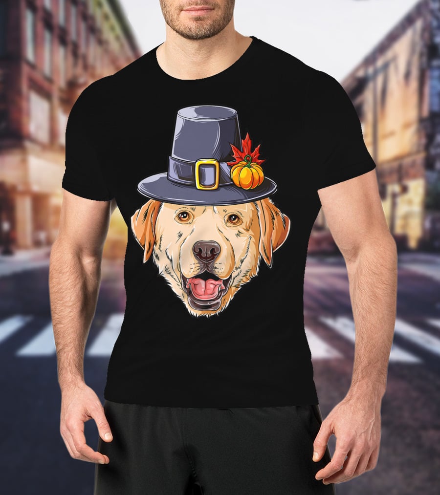 Thanksgiving Dog In Pilgrim Hat With Pumpkin And Leaf T-Shirt