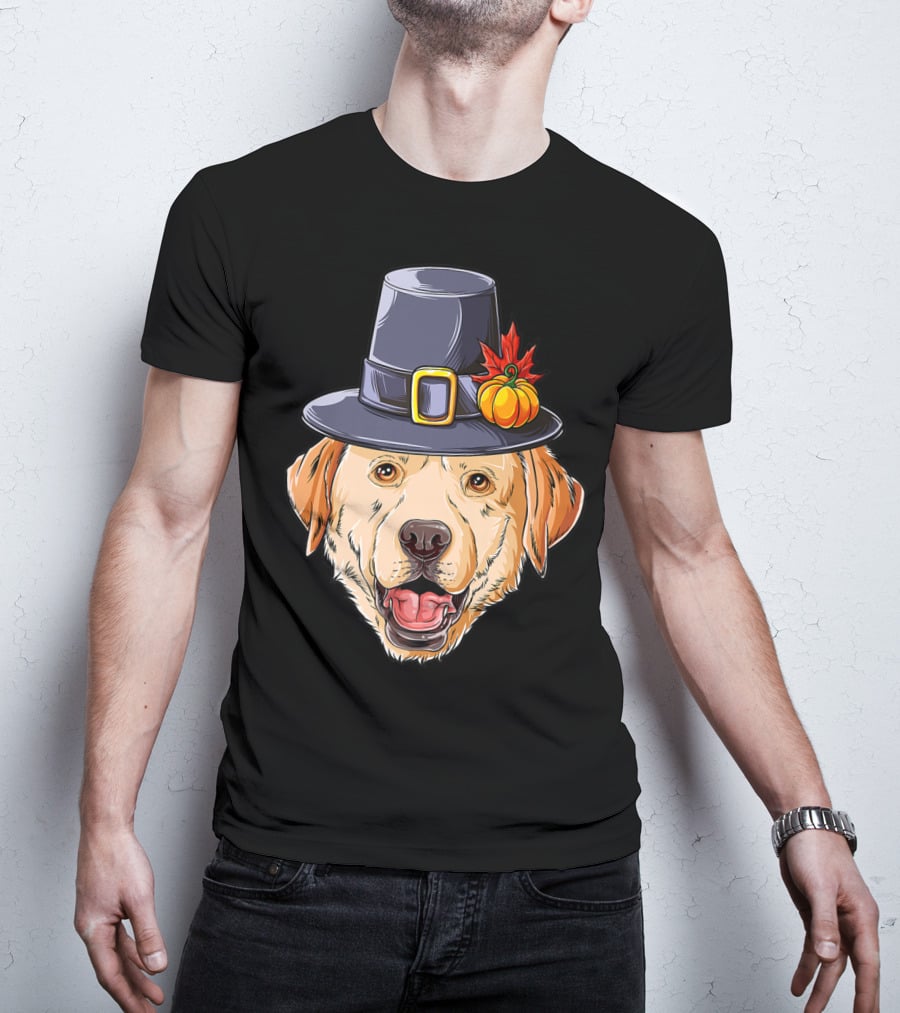 Thanksgiving Dog In Pilgrim Hat With Pumpkin And Leaf T-Shirt
