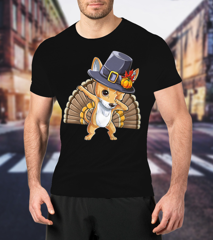 Thanksgiving Dabbing Chihuahua Pilgrim Hat Turkey Feathers T-Shirt