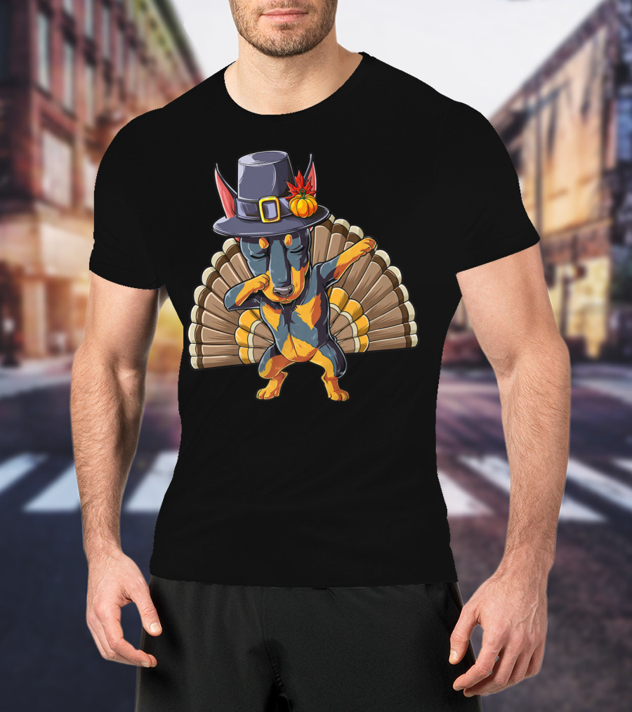 Thanksgiving Dabbing Doberman Pilgrim Hat Turkey Feather Background T-Shirt