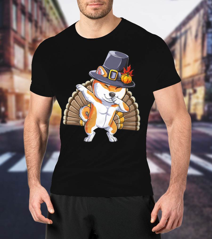 Thanksgiving Dabbing Shiba Inu Pilgrim Hat Turkey Background T-Shirt