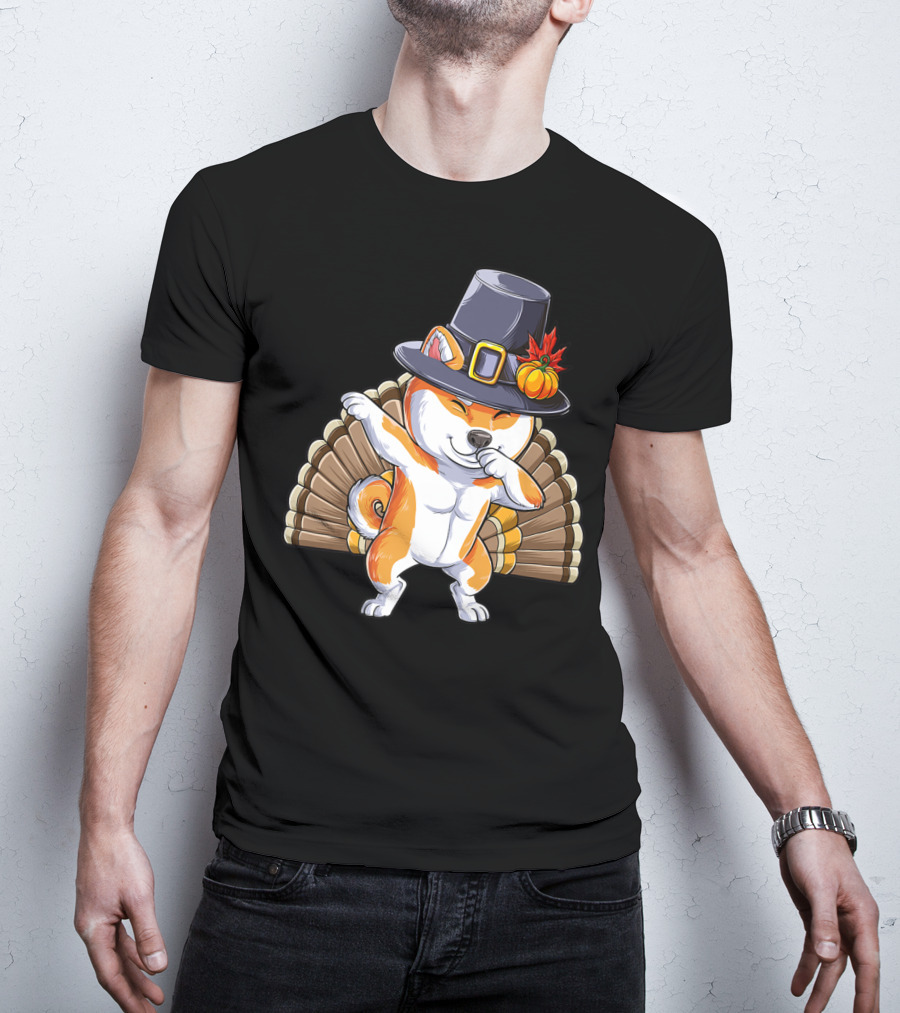 Thanksgiving Dabbing Shiba Inu Pilgrim Hat Turkey Background T-Shirt