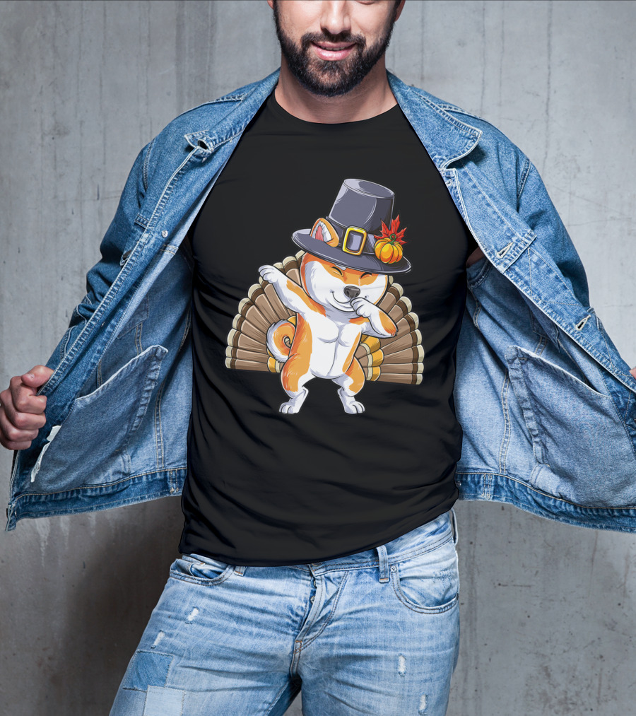Thanksgiving Dabbing Shiba Inu Pilgrim Hat Turkey Background T-Shirt