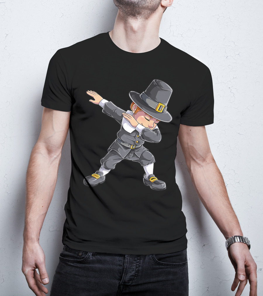 Thanksgiving Pilgrim Dabbing Celebration With Pilgrim Hat And Buckled Shoes T-Shirt