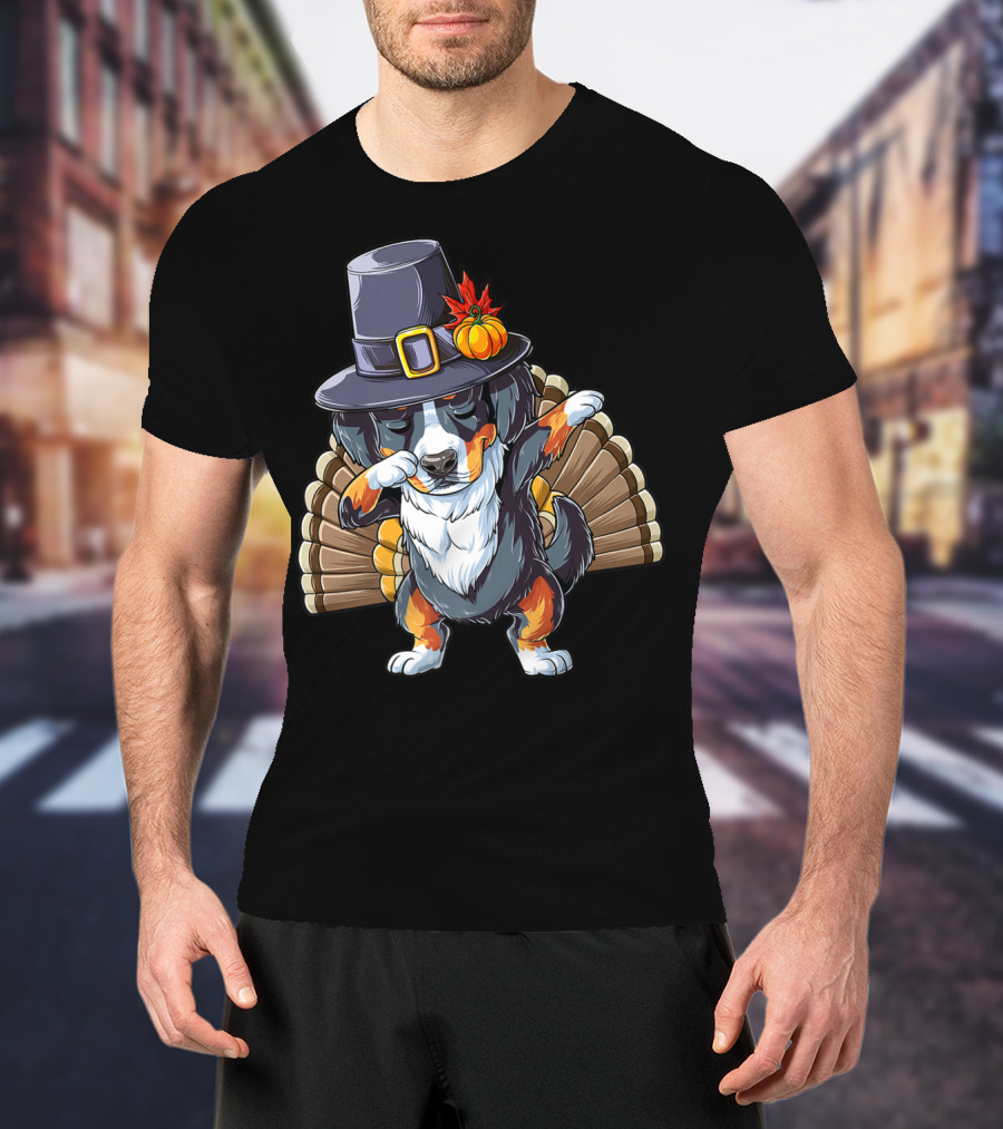 Thanksgiving Dabbing Bernese With Pilgrim Hat And Turkey Tail T-Shirt