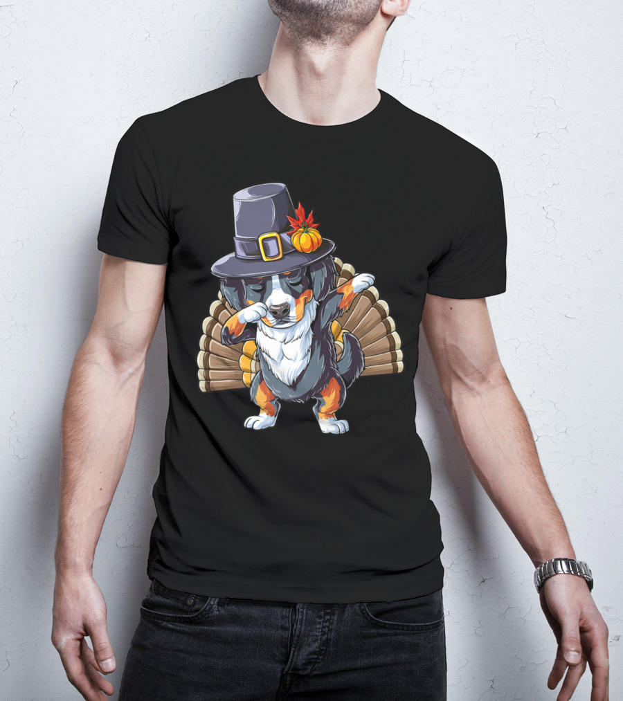 Thanksgiving Dabbing Bernese With Pilgrim Hat And Turkey Tail T-Shirt