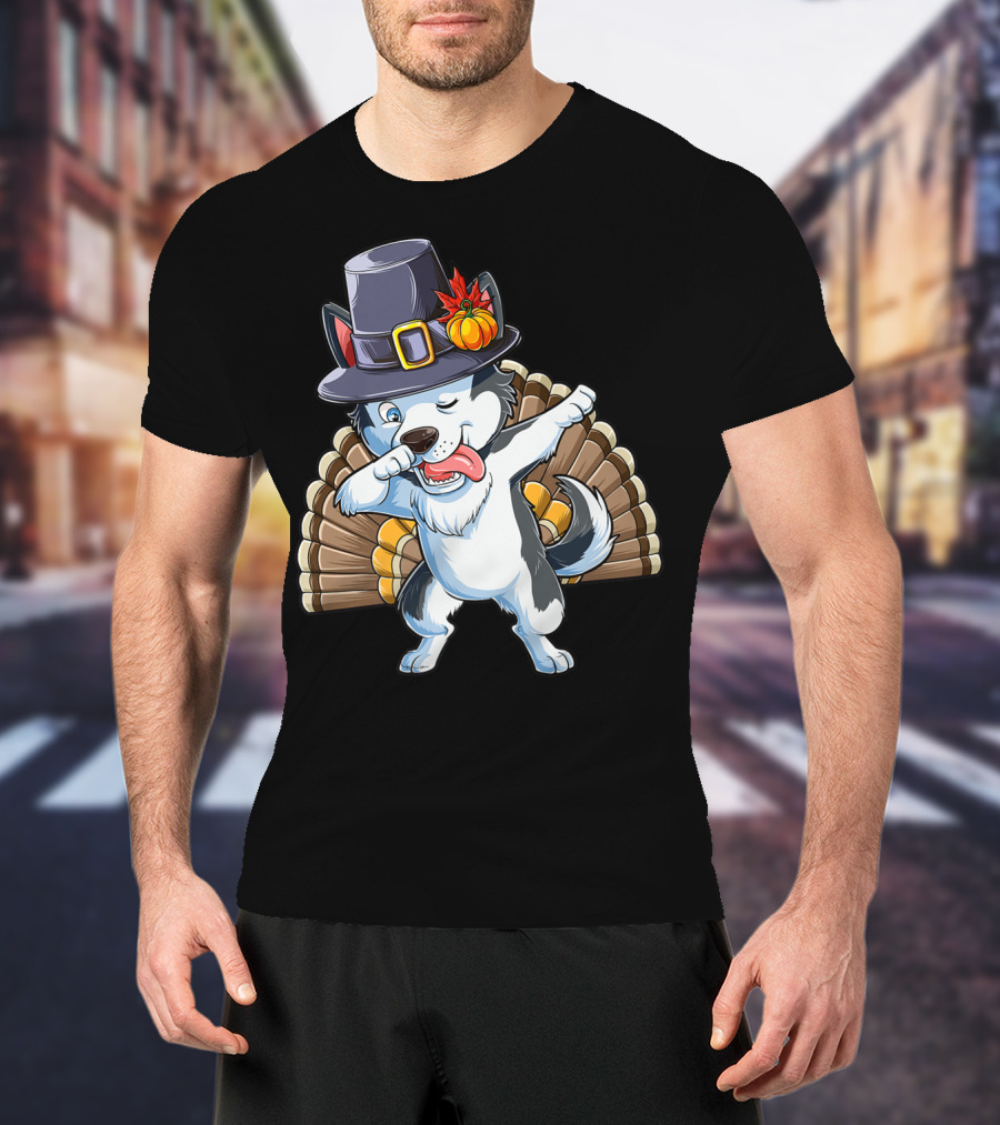 Thanksgiving Kids Dabbing Siberian Husky With Pilgrim Hat And Turkey Tail T-Shirt