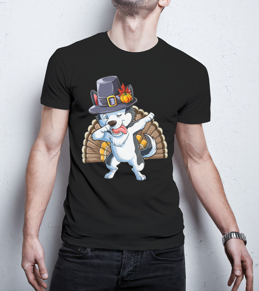 Thanksgiving Kids Dabbing Siberian Husky With Pilgrim Hat And Turkey Tail T-Shirt