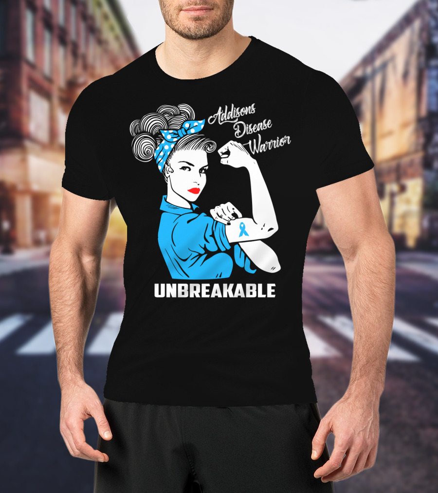 Addisons Disease Warrior Unbreakable Awareness Woman With Ribbon T-Shirt