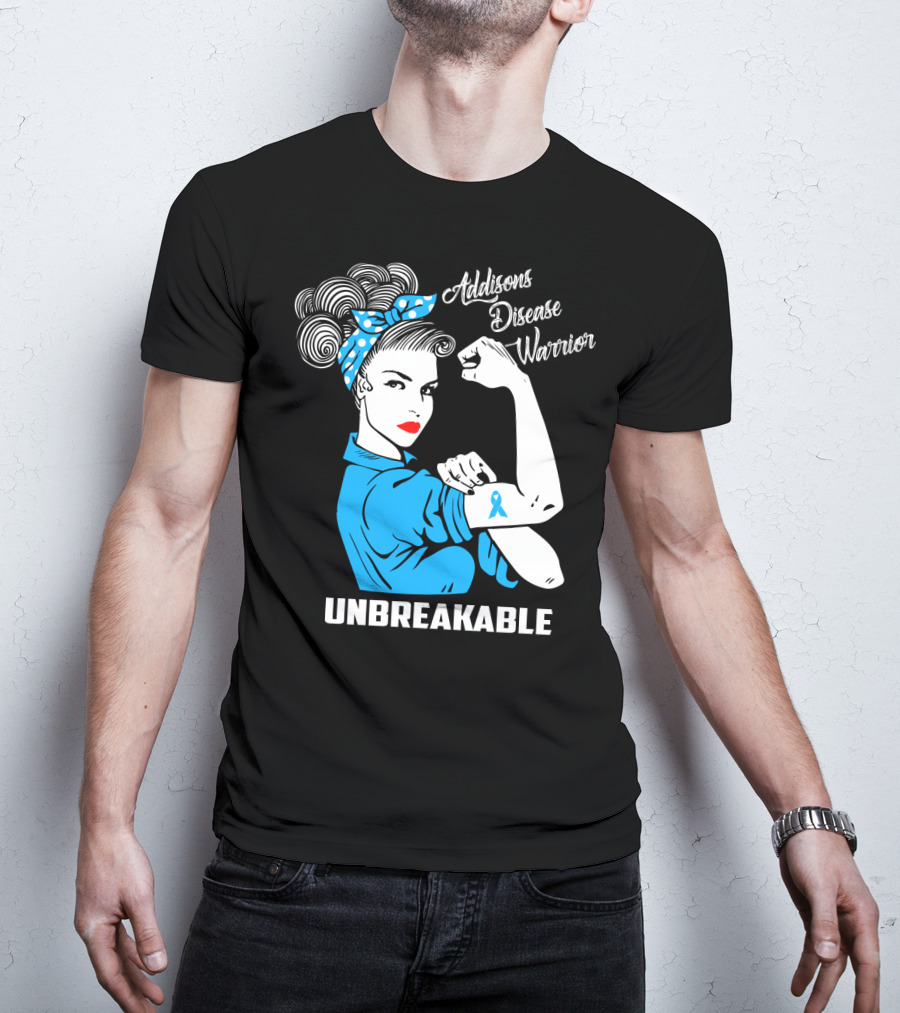 Addisons Disease Warrior Unbreakable Awareness Woman With Ribbon T-Shirt