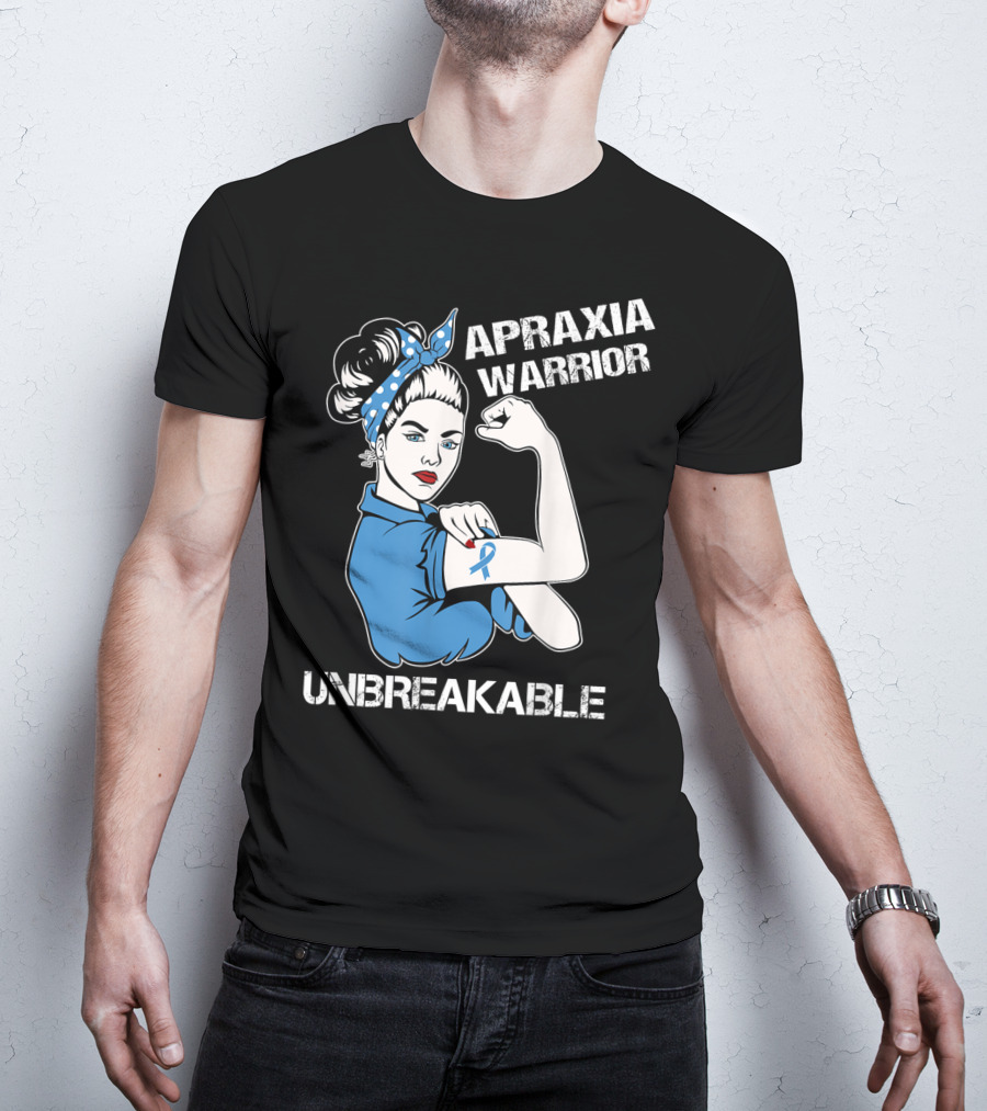 Apraxia Warrior Unbreakable Rosie Riveter Blue Awareness T-Shirt