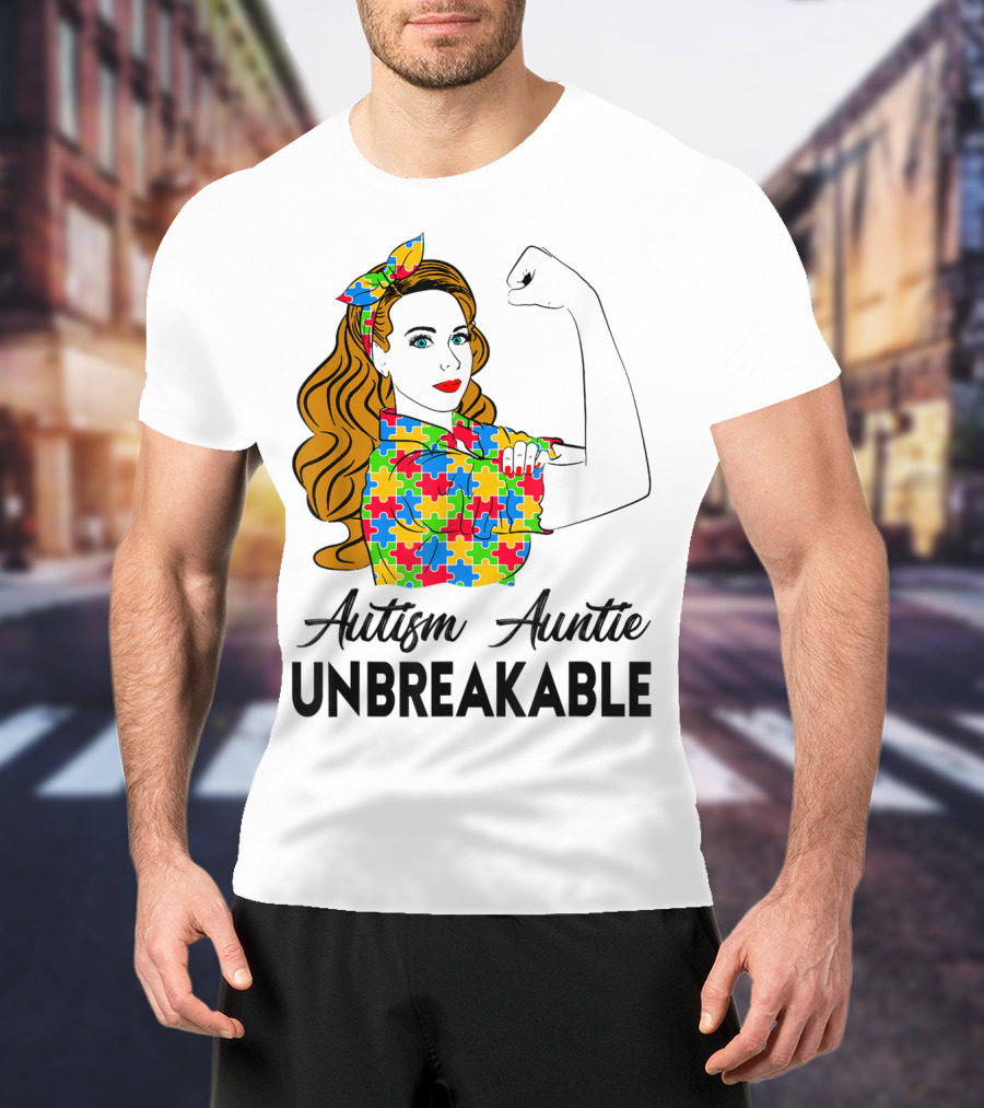 Unbreakable Auntie Autism Awareness Puzzle Colors Rosie The Riveter T-Shirt