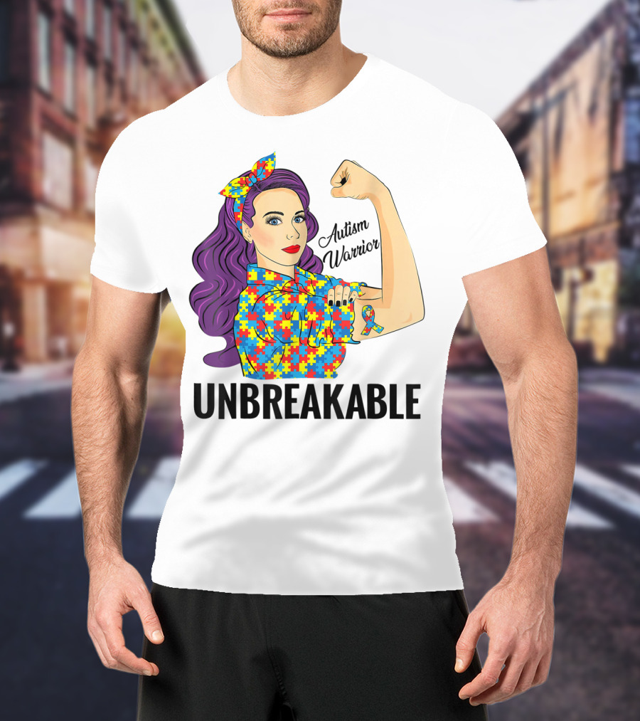 Autism Awareness Warrior Unbreakable Puzzle Ribbon Rosie The Riveter T-Shirt