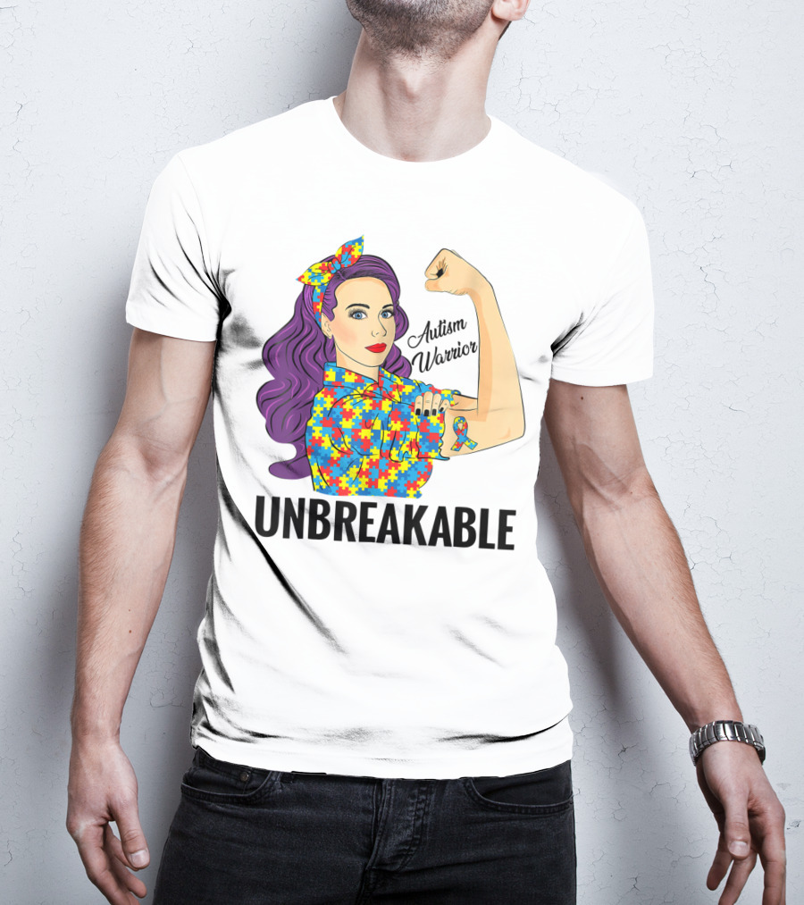 Autism Awareness Warrior Unbreakable Puzzle Ribbon Rosie The Riveter T-Shirt