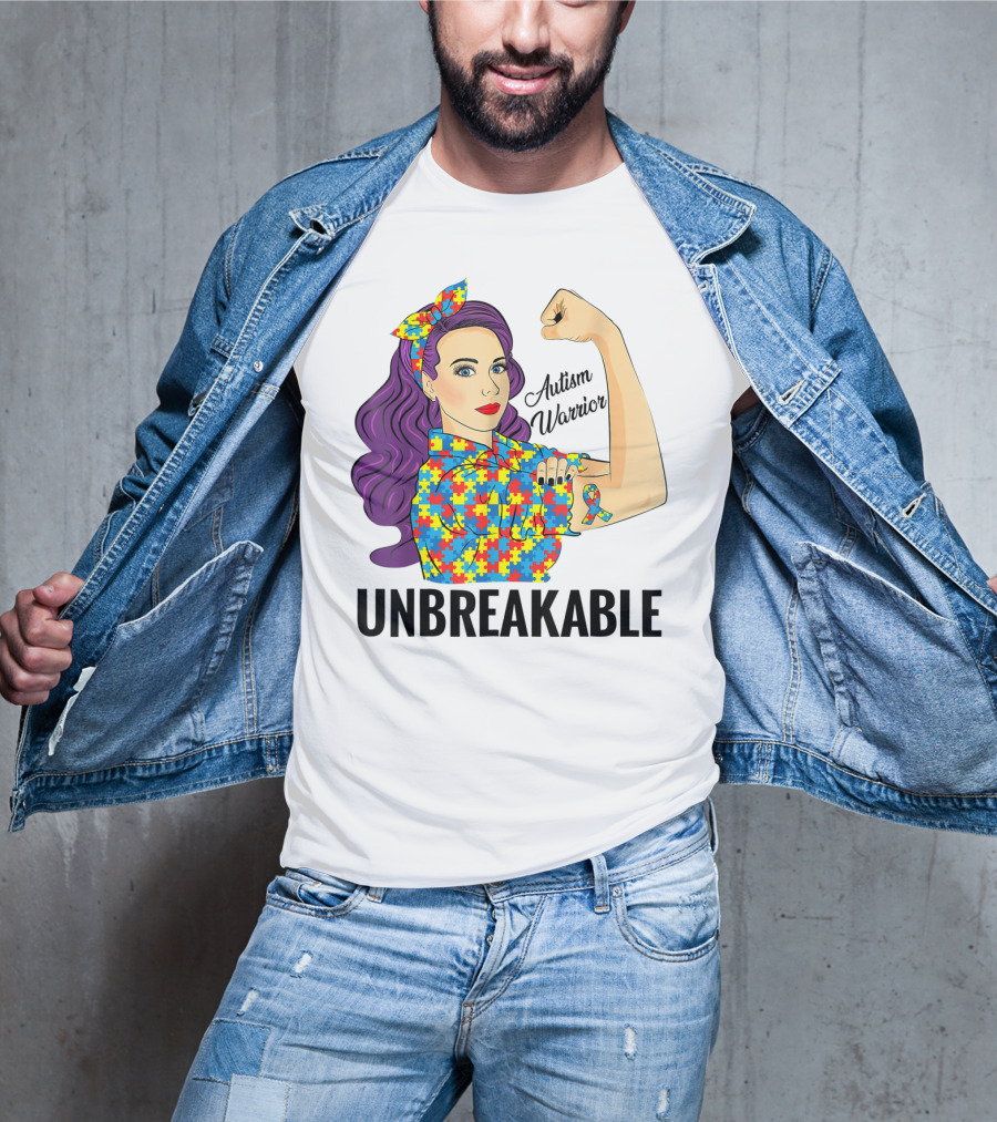 Autism Awareness Warrior Unbreakable Puzzle Ribbon Rosie The Riveter T-Shirt
