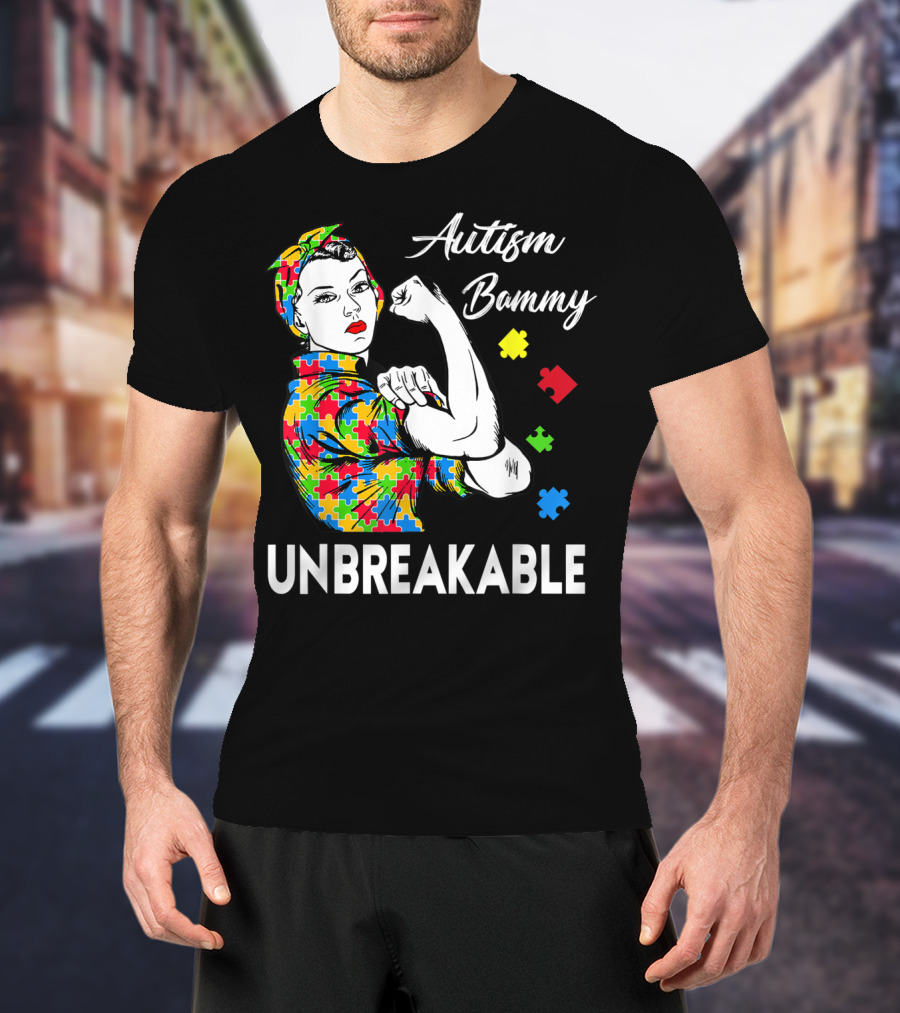 Autism Bammy Unbreakable Awareness Puzzle Piece Rosie The Riveter T-Shirt