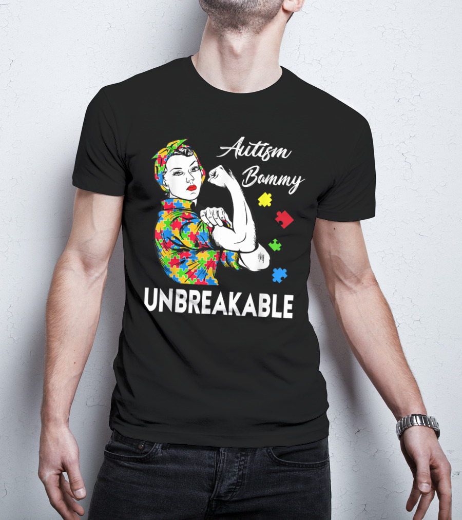 Autism Bammy Unbreakable Awareness Puzzle Piece Rosie The Riveter T-Shirt