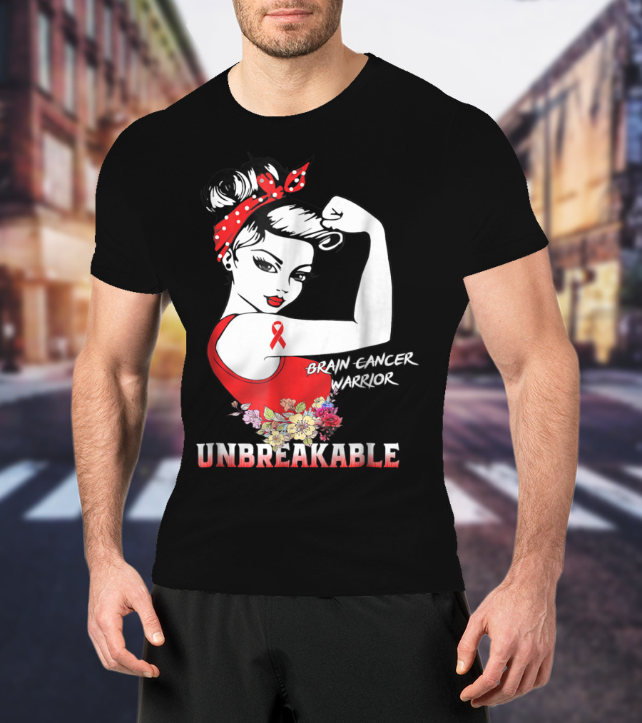 Unbreakable Brain Cancer Warrior With Awareness Ribbon And Floral Accents T-Shirt