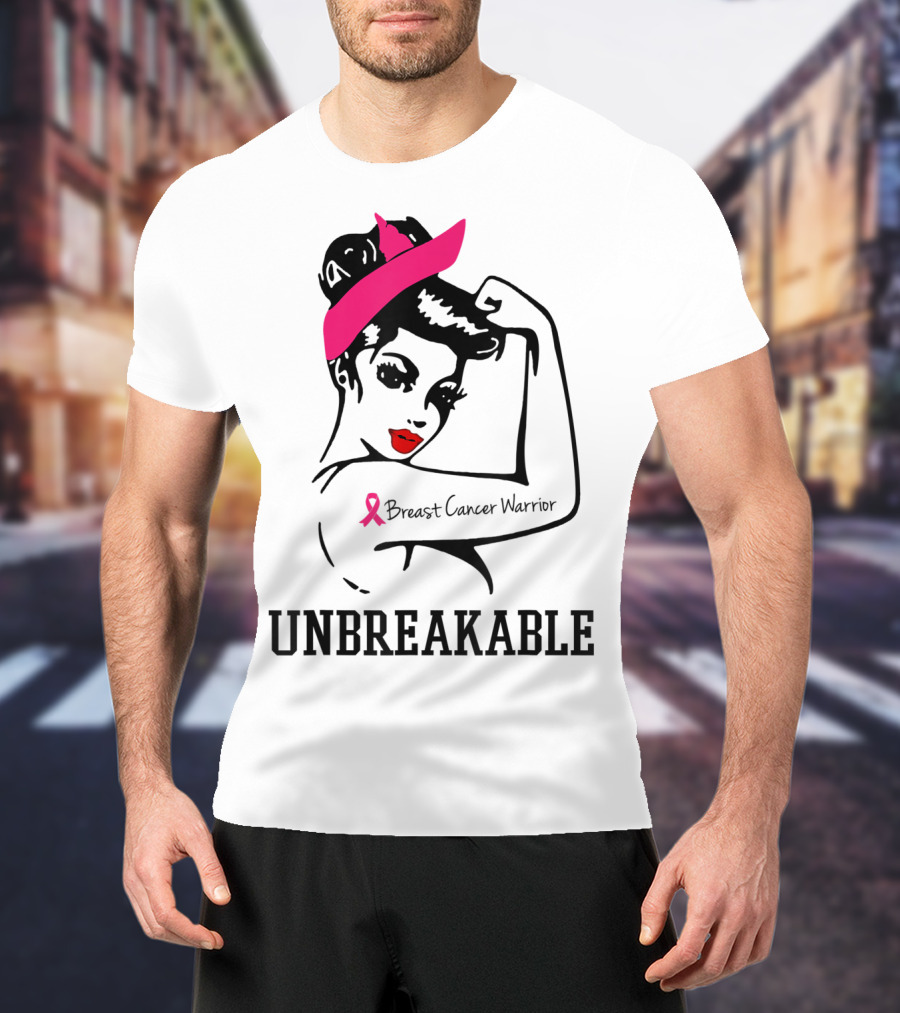 Unbreakable Breast Cancer Warrior Rosie The Riveter Pink T-Shirt
