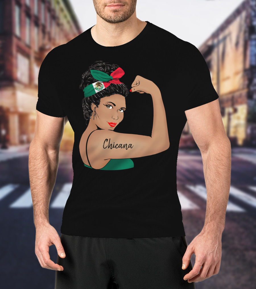 Chicana Girl Flexing With Mexican Flag Hair Wrap Unbreakable Strong T-Shirt