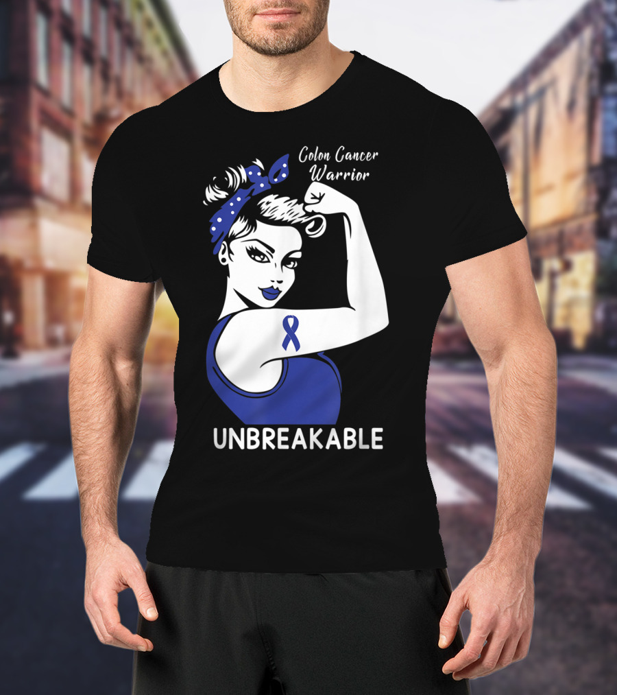 Colon Cancer Warrior Unbreakable Strength Ribbon Rosie The Riveter Inspired T-Shirt
