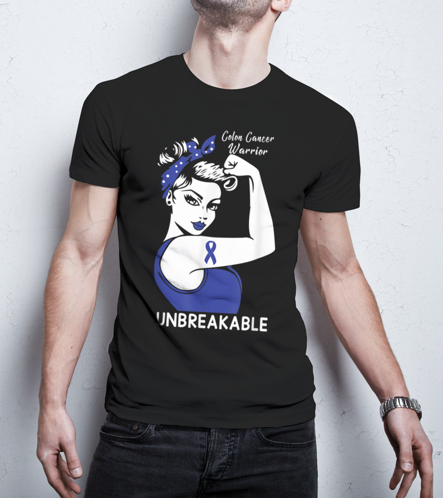 Colon Cancer Warrior Unbreakable Strength Ribbon Rosie The Riveter Inspired T-Shirt