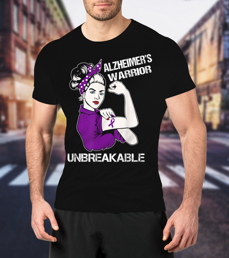 Alzheimer's Warrior Unbreakable Rosie The Riveter Style Purple Awareness T-Shirt