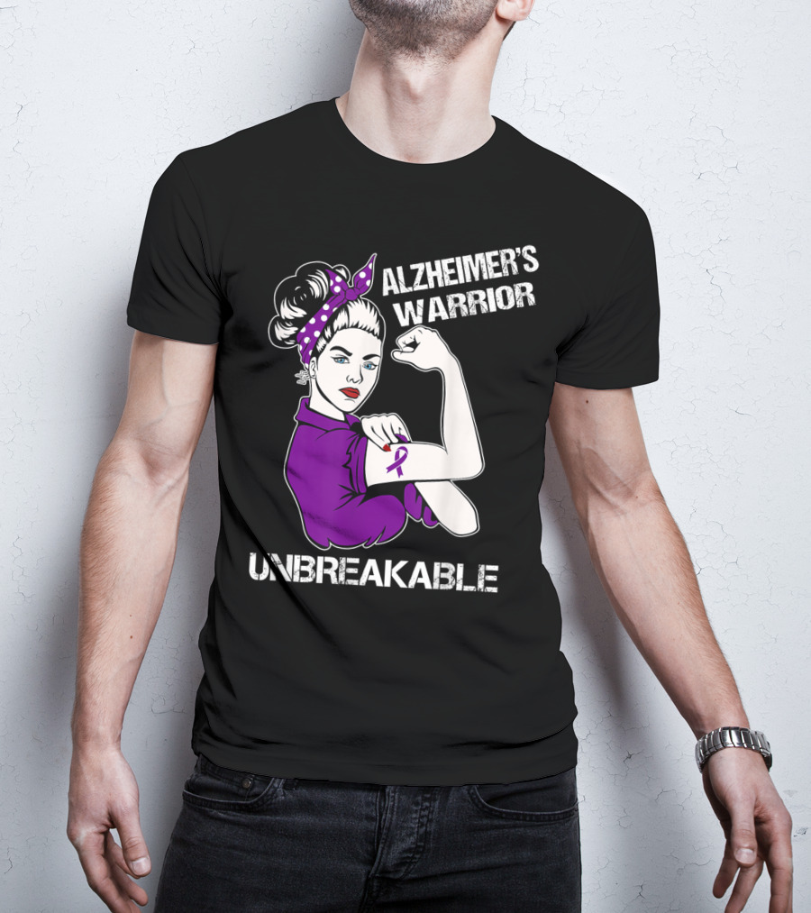 Alzheimer's Warrior Unbreakable Rosie The Riveter Style Purple Awareness T-Shirt