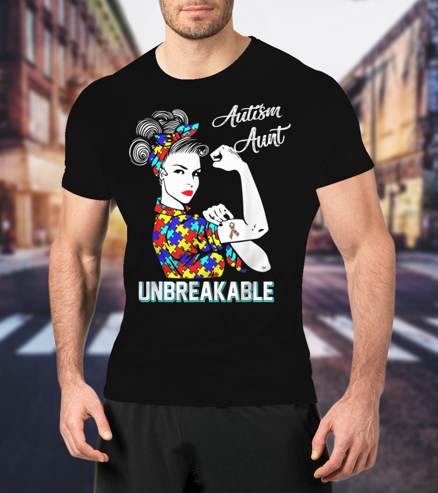 Autism Aunt Unbreakable Rosie The Riveter Puzzle Ribbon Awareness T-Shirt