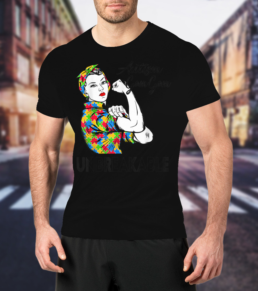 Autism Gam Gam Unbreakable Autism Awareness Puzzle Piece Rosie Flexing T-Shirt