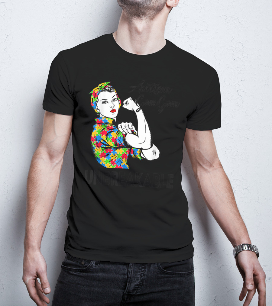 Autism Gam Gam Unbreakable Autism Awareness Puzzle Piece Rosie Flexing T-Shirt