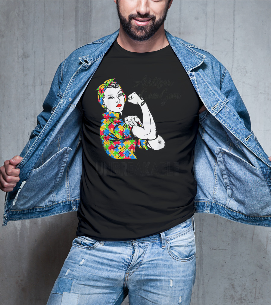 Autism Gam Gam Unbreakable Autism Awareness Puzzle Piece Rosie Flexing T-Shirt