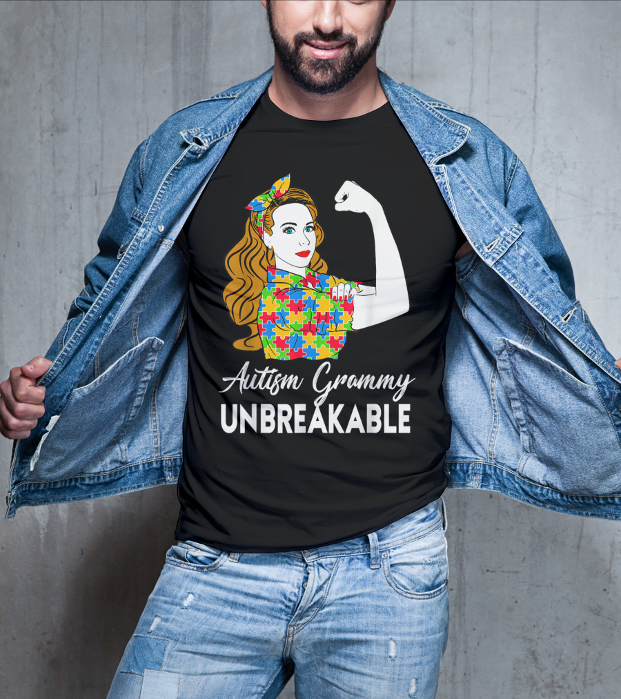 Autism Grammy Unbreakable Rosie Riveter Puzzle Piece Awareness T-Shirt