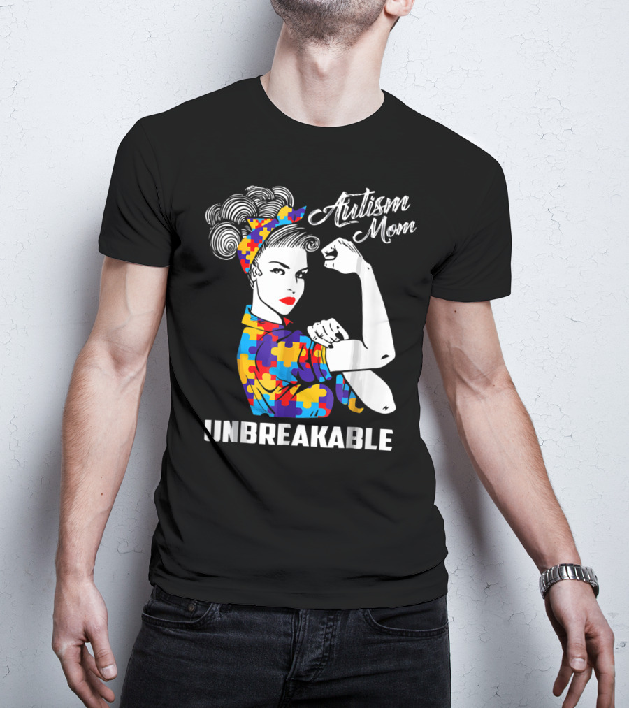 Autism Mom Unbreakable Autism Awareness Rosie The Riveter Puzzle T-Shirt