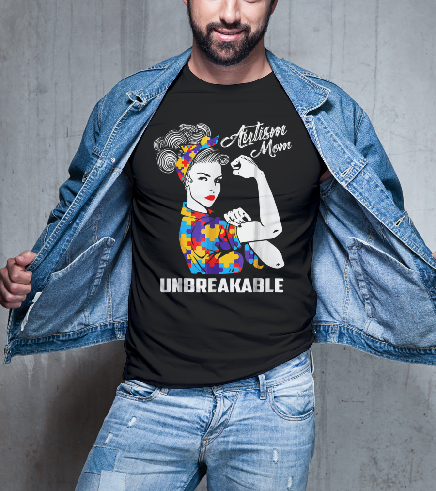 Autism Mom Unbreakable Autism Awareness Rosie The Riveter Puzzle T-Shirt