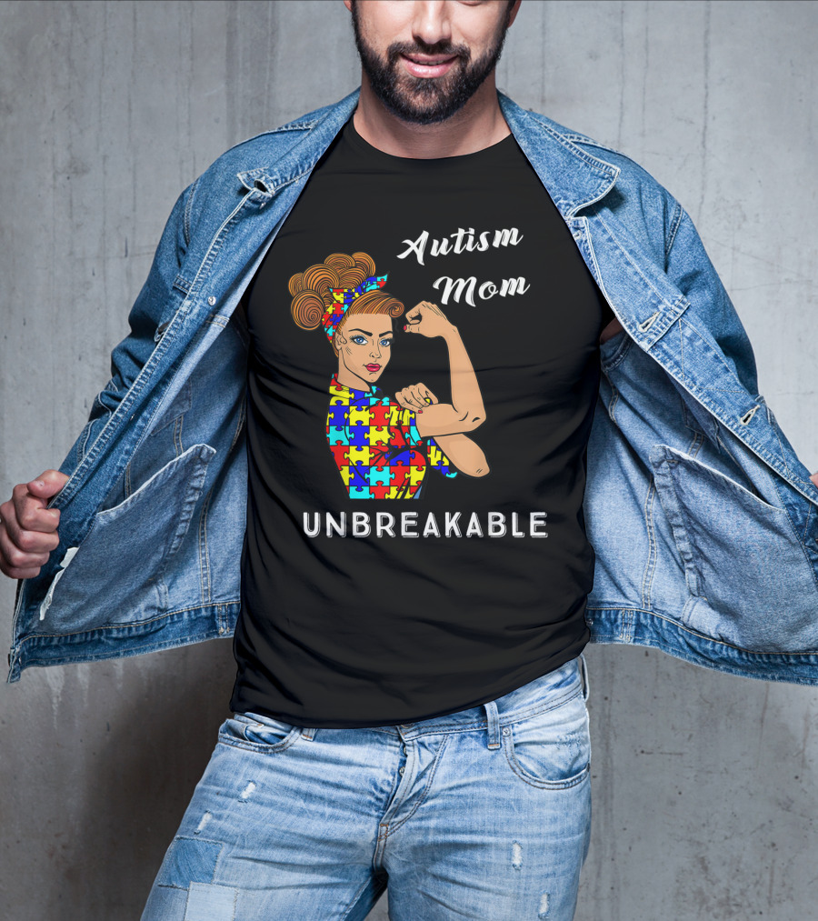 Autism Mom Unbreakable Awareness Puzzle Pattern Rosie The Riveter T-Shirt