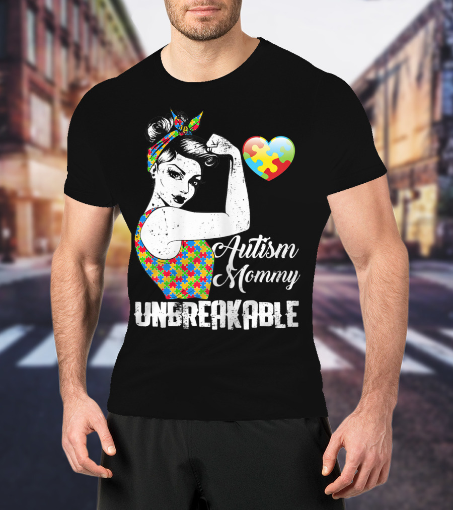 Autism Mommy Unbreakable Puzzle Heart Rosie The Riveter T-Shirt