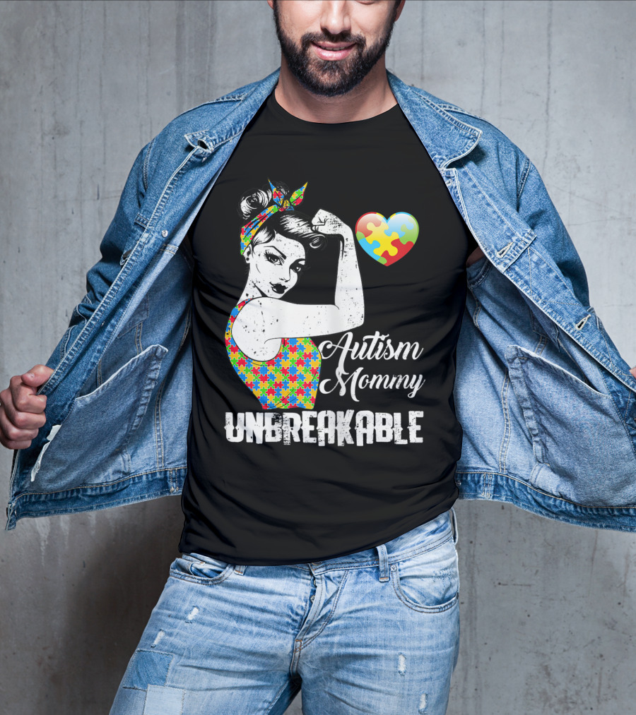 Autism Mommy Unbreakable Puzzle Heart Rosie The Riveter T-Shirt