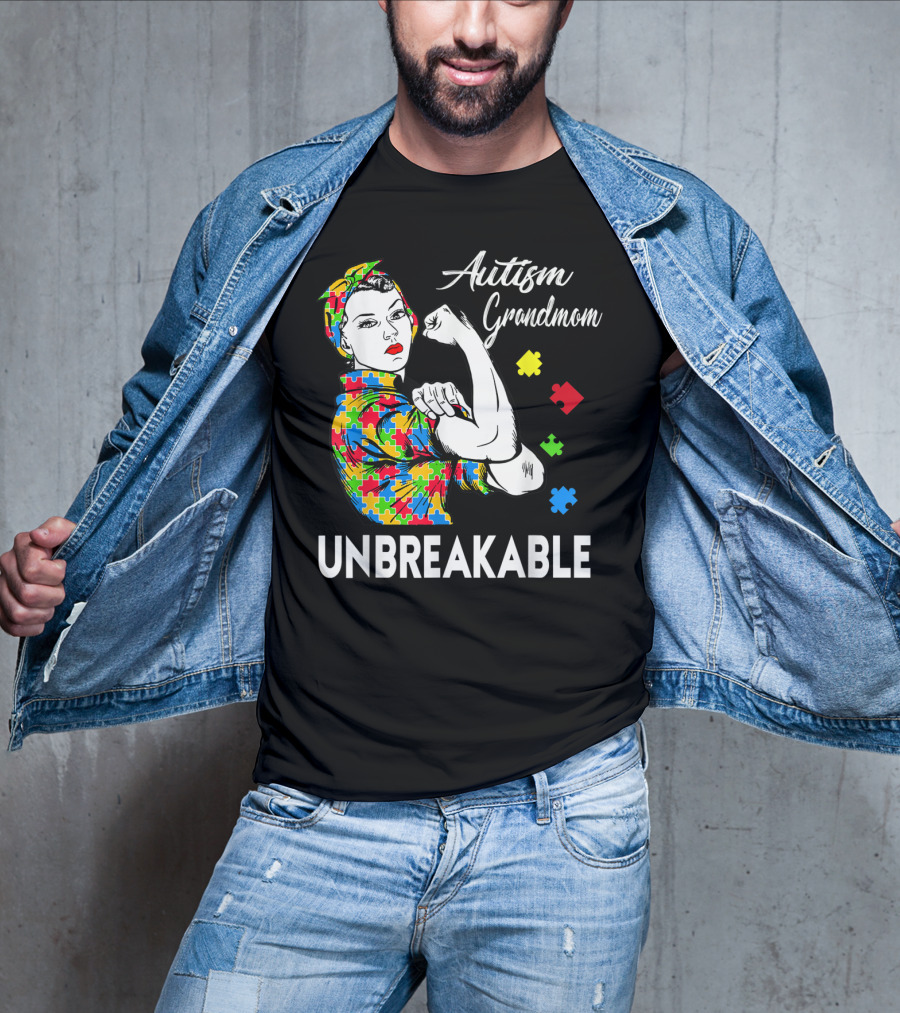 Unbreakable Autism Grandmom Autism Awareness Puzzle Pieces T-Shirt