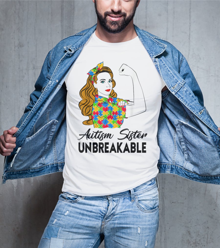 Autism Sister Unbreakable Autism Awareness Puzzle Pattern Rosie The Riveter T-Shirt