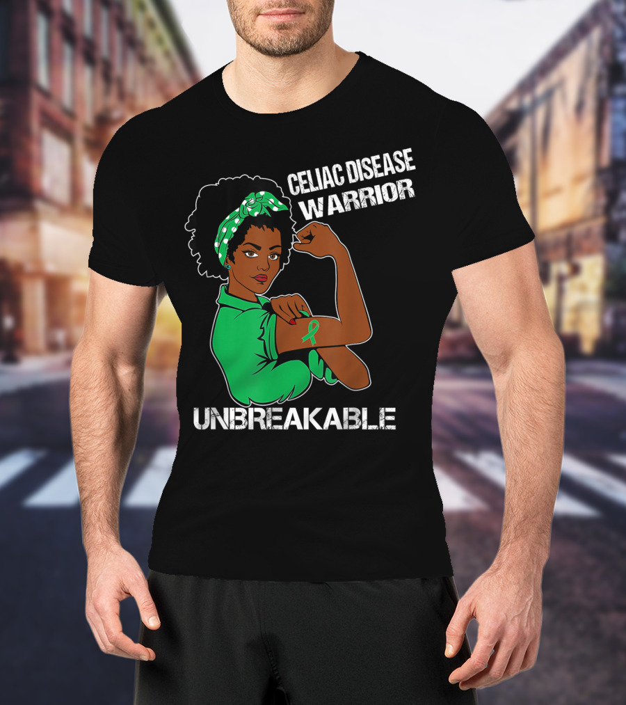Celiac Disease Warrior Unbreakable With Empowering Arm Pose And Green Awareness T-Shirt