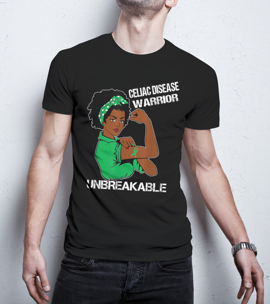 Celiac Disease Warrior Unbreakable With Empowering Arm Pose And Green Awareness T-Shirt
