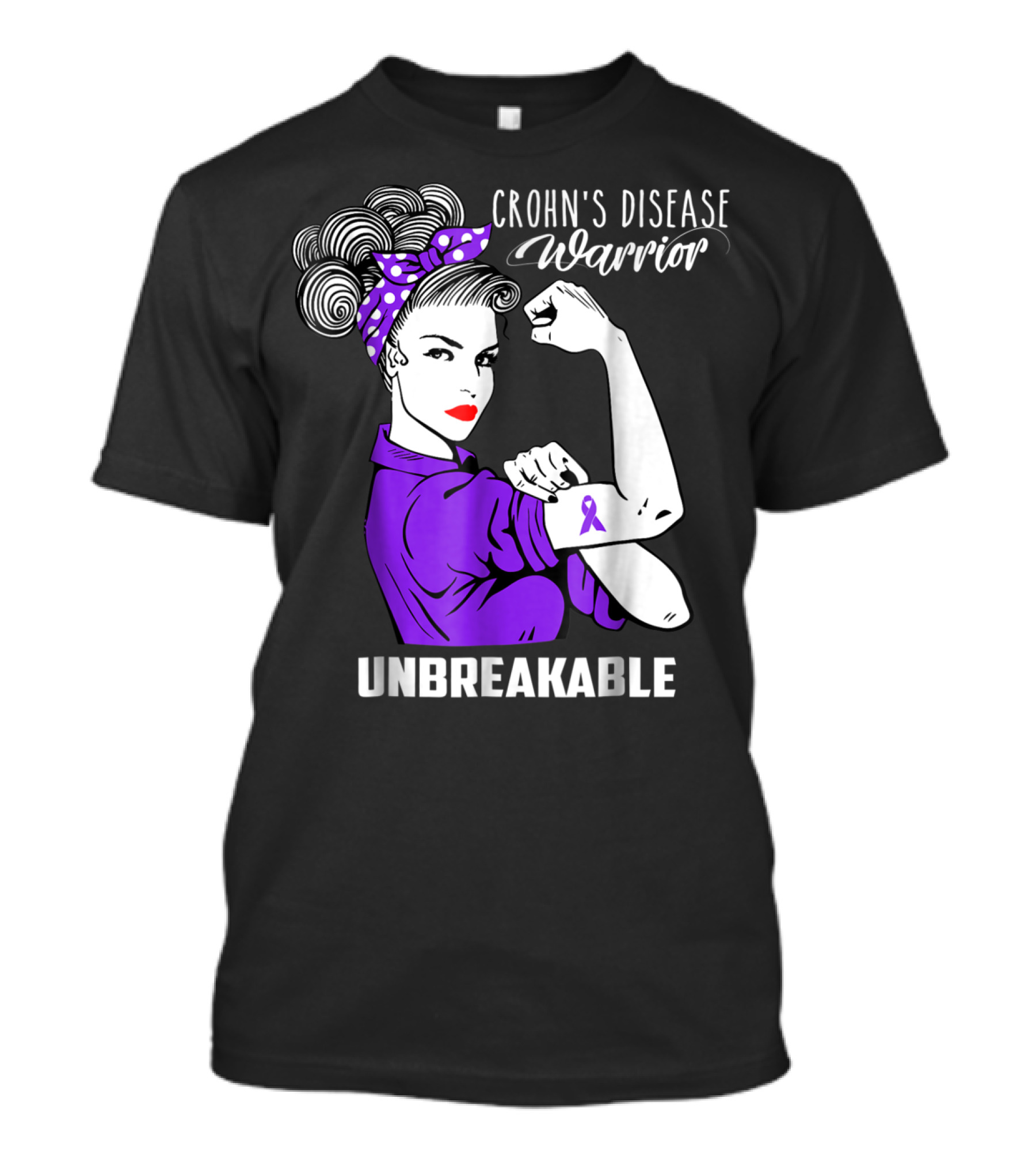 Crohn's Disease Warrior Unbreakable Awareness With Purple Ribbon Rosie The Riveter T-Shirt
