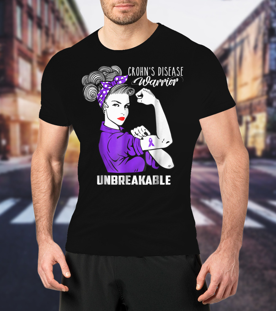 Crohn's Disease Warrior Unbreakable Awareness With Purple Ribbon Rosie The Riveter T-Shirt