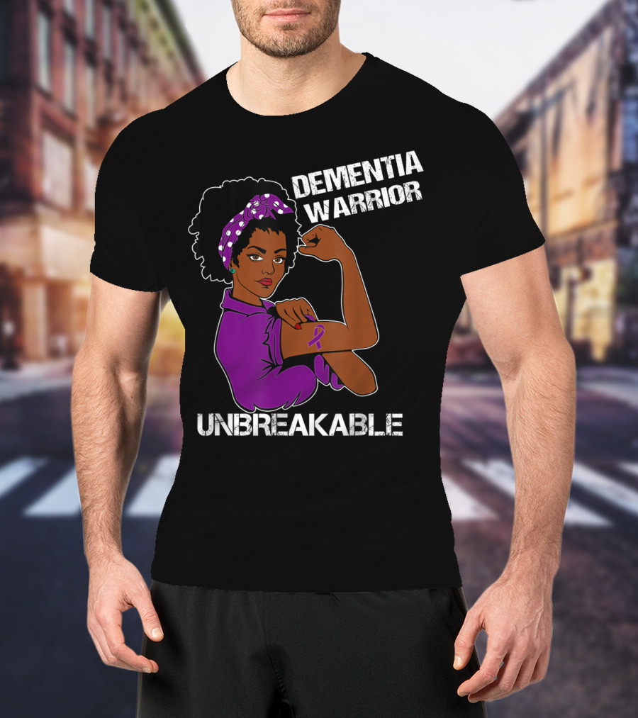 Dementia Warrior Unbreakable Rosie The Riveter Woman With Purple Awareness T-Shirt